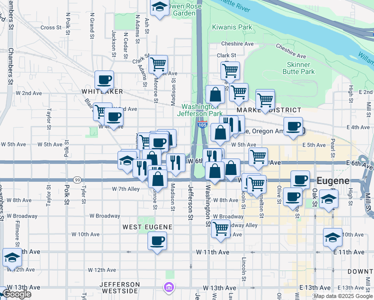 map of restaurants, bars, coffee shops, grocery stores, and more near 620 West 6th Avenue in Eugene