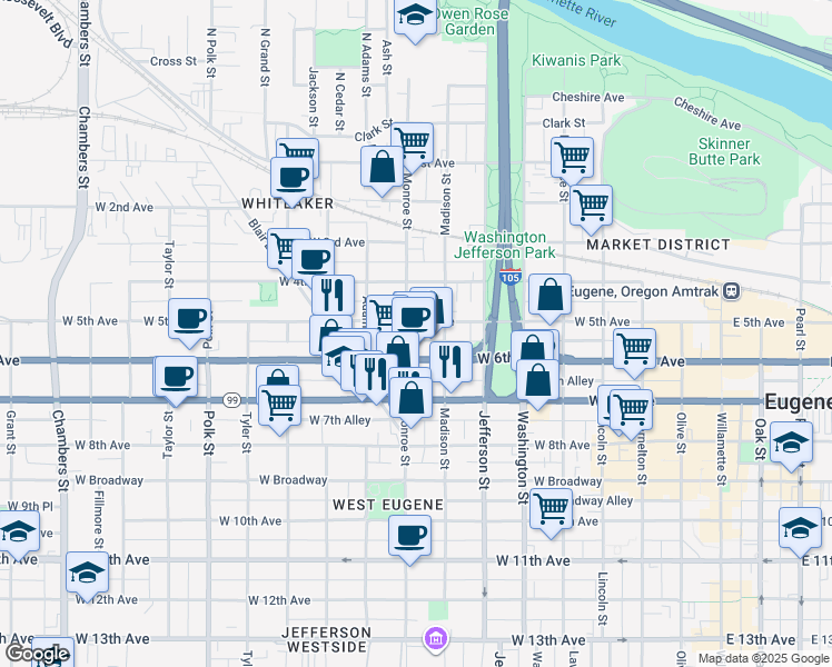 map of restaurants, bars, coffee shops, grocery stores, and more near 799 West 6th Avenue in Eugene