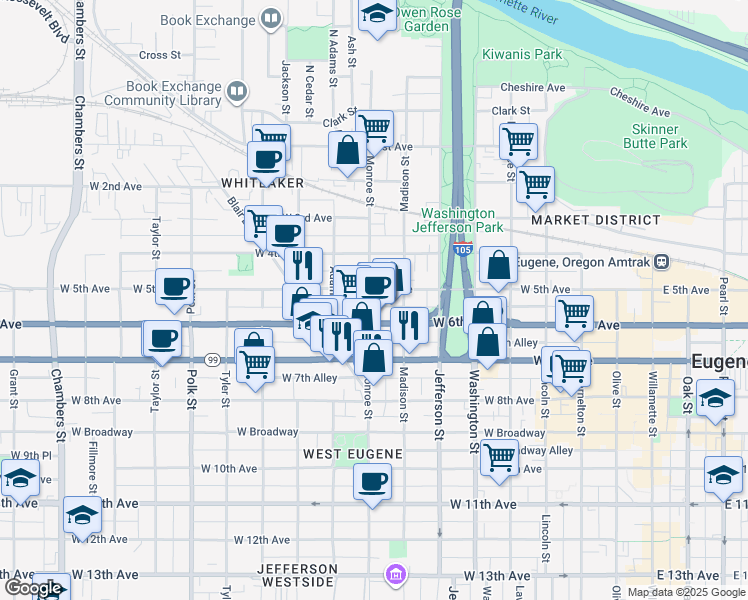 map of restaurants, bars, coffee shops, grocery stores, and more near 799 West 6th Avenue in Eugene