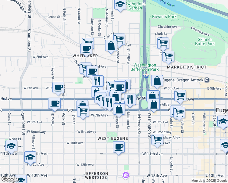 map of restaurants, bars, coffee shops, grocery stores, and more near 799 West 6th Avenue in Eugene