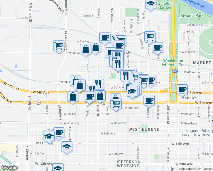 map of restaurants, bars, coffee shops, grocery stores, and more near 555 Tyler Street in Eugene