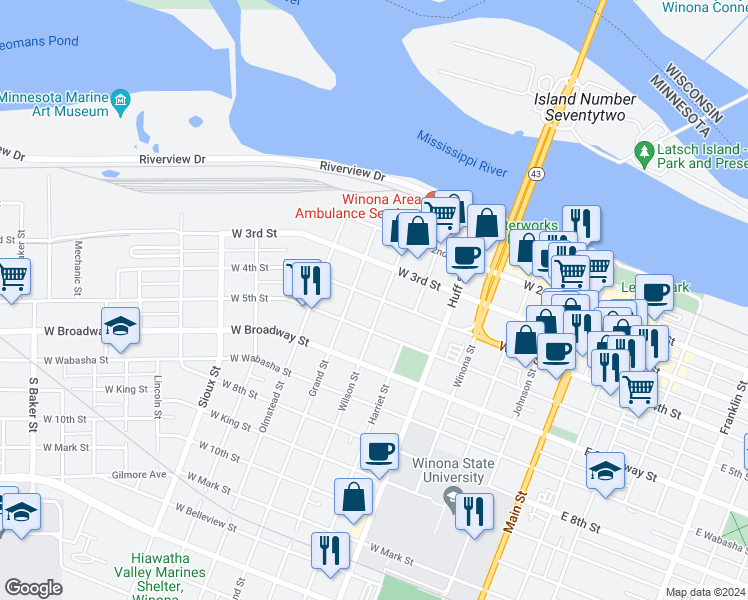 map of restaurants, bars, coffee shops, grocery stores, and more near 217 Wilson Street in Winona