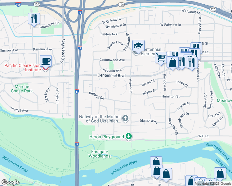 map of restaurants, bars, coffee shops, grocery stores, and more near 1500 Kellogg Road in Springfield