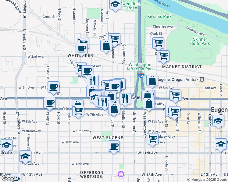 map of restaurants, bars, coffee shops, grocery stores, and more near 799 West 6th Avenue in Eugene