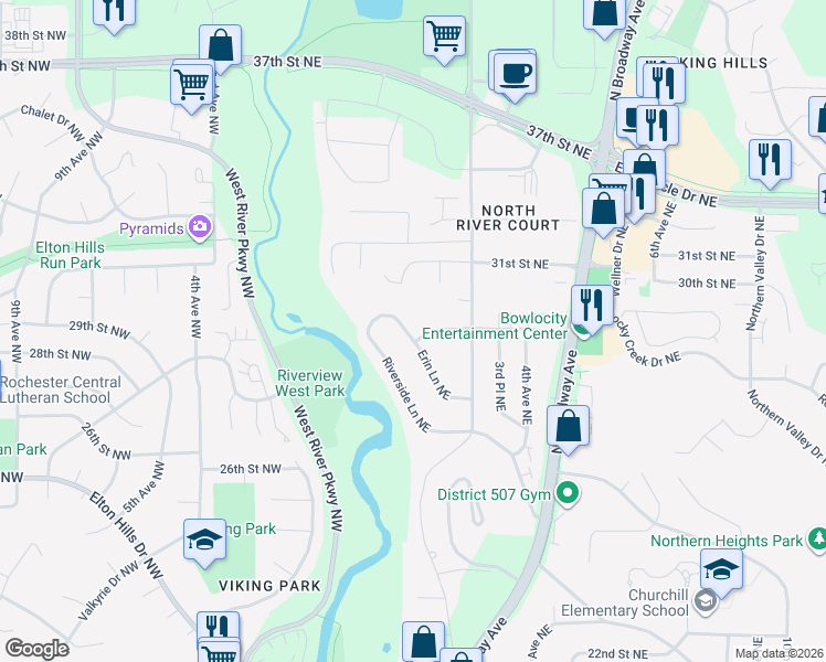 map of restaurants, bars, coffee shops, grocery stores, and more near 2703 Erin Lane Northeast in Rochester
