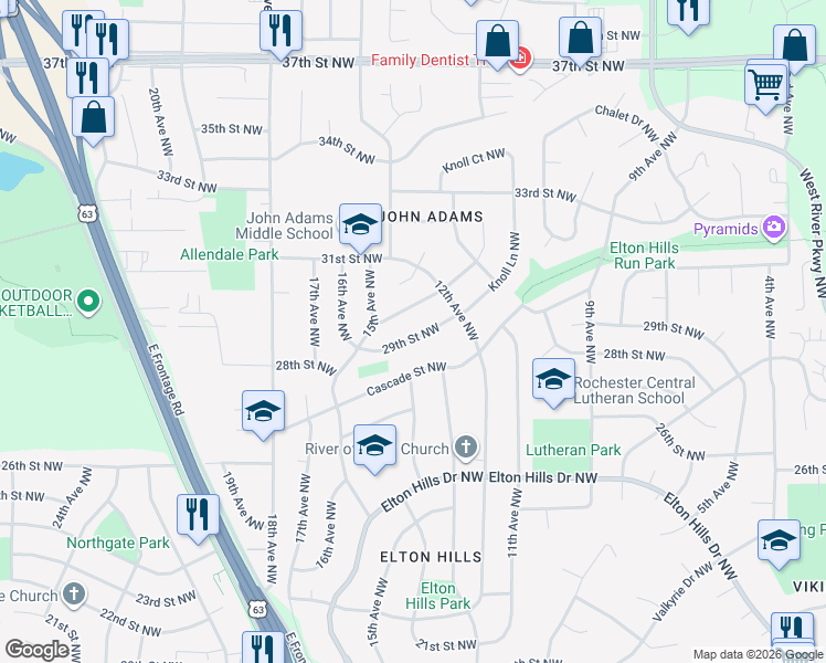 map of restaurants, bars, coffee shops, grocery stores, and more near 1319 29th Street Northwest in Rochester