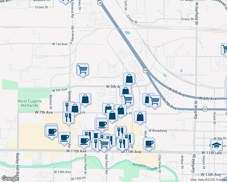 map of restaurants, bars, coffee shops, grocery stores, and more near 530 Conger Street in Eugene