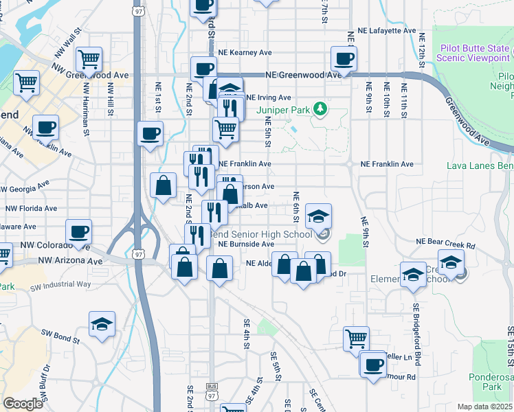 map of restaurants, bars, coffee shops, grocery stores, and more near 474 Northeast Clay Avenue in Bend