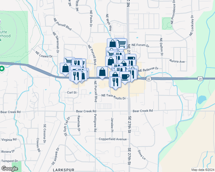 map of restaurants, bars, coffee shops, grocery stores, and more near 2480 Northeast Twin Knolls Drive in Bend