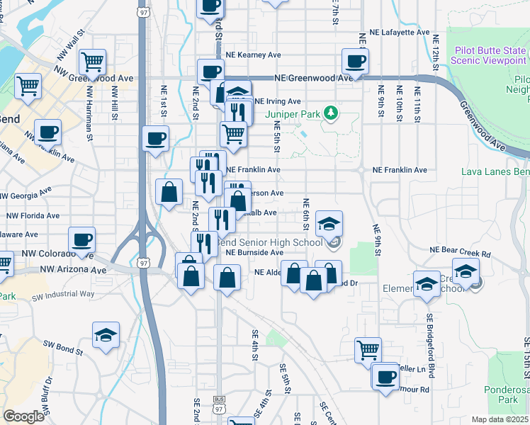 map of restaurants, bars, coffee shops, grocery stores, and more near 474 Northeast Clay Avenue in Bend