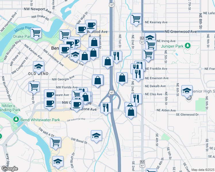 map of restaurants, bars, coffee shops, grocery stores, and more near 35 Northwest Hastings Place in Bend