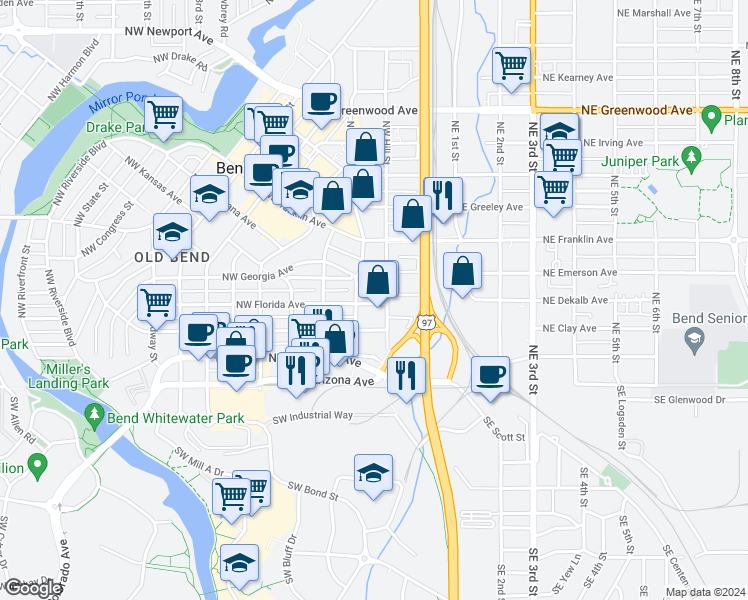 map of restaurants, bars, coffee shops, grocery stores, and more near 134 Northwest Delaware Avenue in Bend