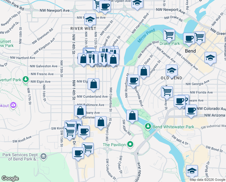 map of restaurants, bars, coffee shops, grocery stores, and more near 322 Northwest Columbia Street in Bend