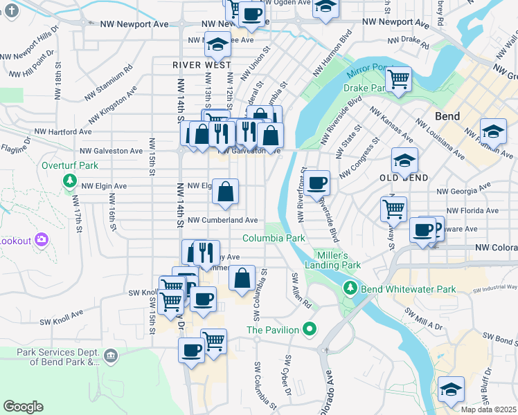 map of restaurants, bars, coffee shops, grocery stores, and more near 1043 Northwest Cumberland Avenue in Bend