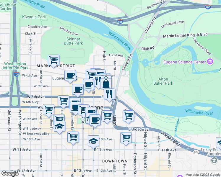 map of restaurants, bars, coffee shops, grocery stores, and more near 351 Oregon 99 in Eugene