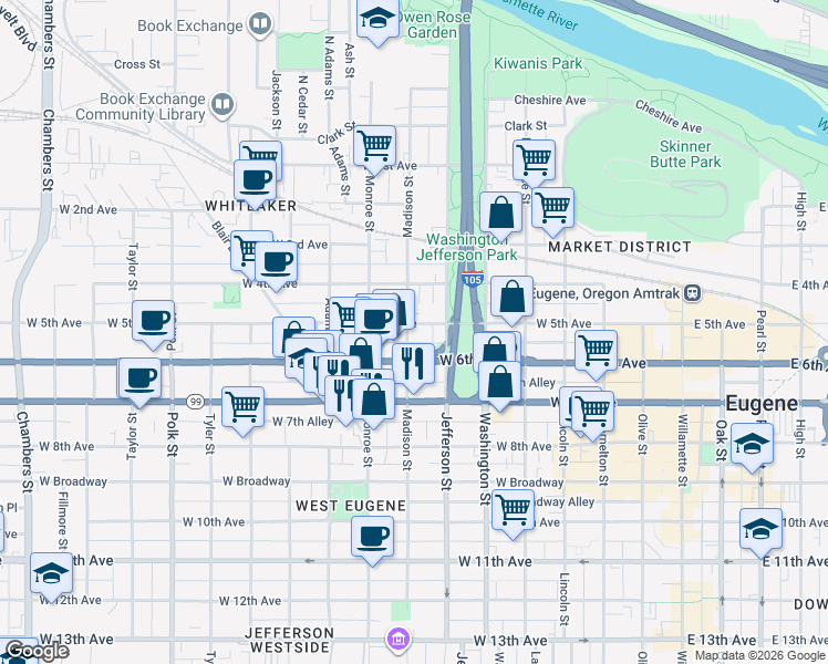 map of restaurants, bars, coffee shops, grocery stores, and more near 737 West 6th Avenue in Eugene