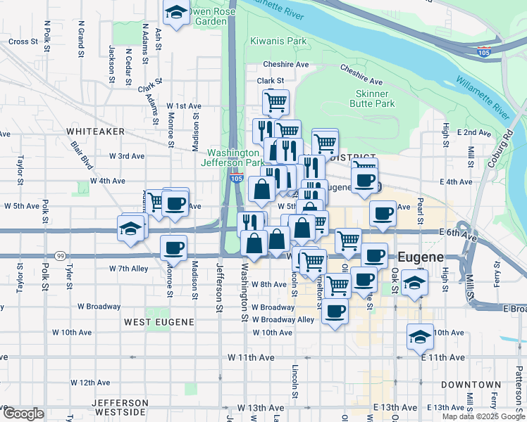 map of restaurants, bars, coffee shops, grocery stores, and more near 570 Lawrence Street in Eugene
