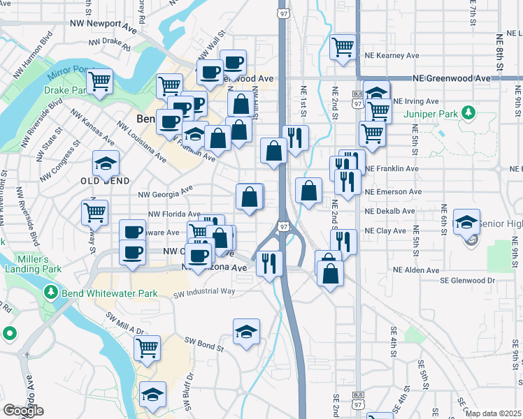 map of restaurants, bars, coffee shops, grocery stores, and more near 55 Northwest Lake Place in Bend