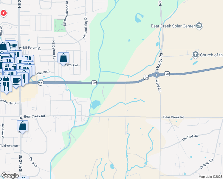 map of restaurants, bars, coffee shops, grocery stores, and more near 21455 U.S. 20 in Bend