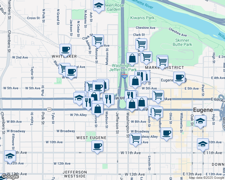 map of restaurants, bars, coffee shops, grocery stores, and more near 648 West 5th Avenue in Eugene