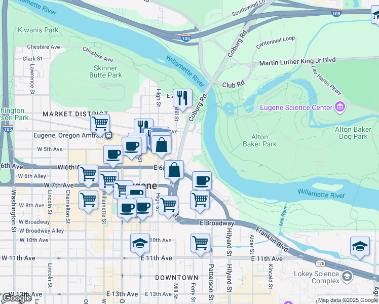 map of restaurants, bars, coffee shops, grocery stores, and more near 500 Ferry Street in Eugene
