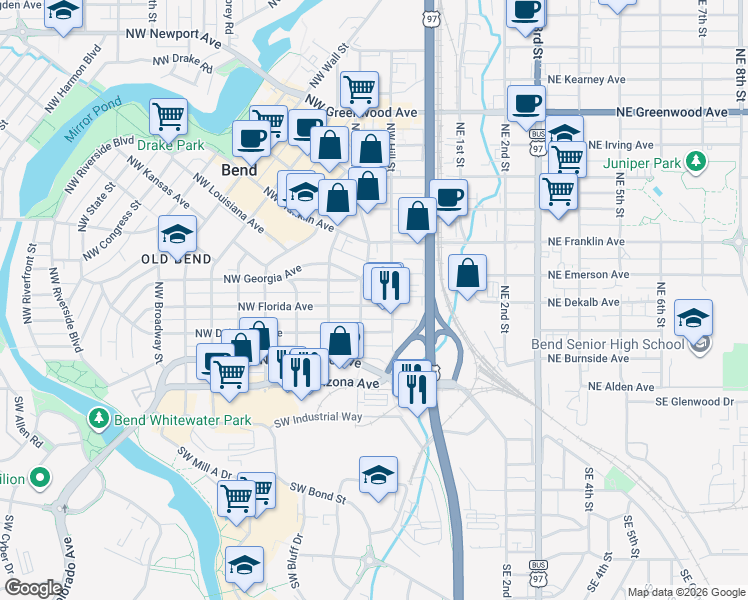 map of restaurants, bars, coffee shops, grocery stores, and more near 136 Northwest Florida Avenue in Bend