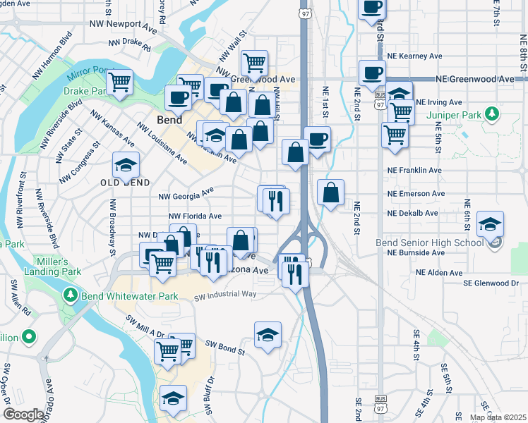 map of restaurants, bars, coffee shops, grocery stores, and more near 140 Northwest Florida Avenue in Bend