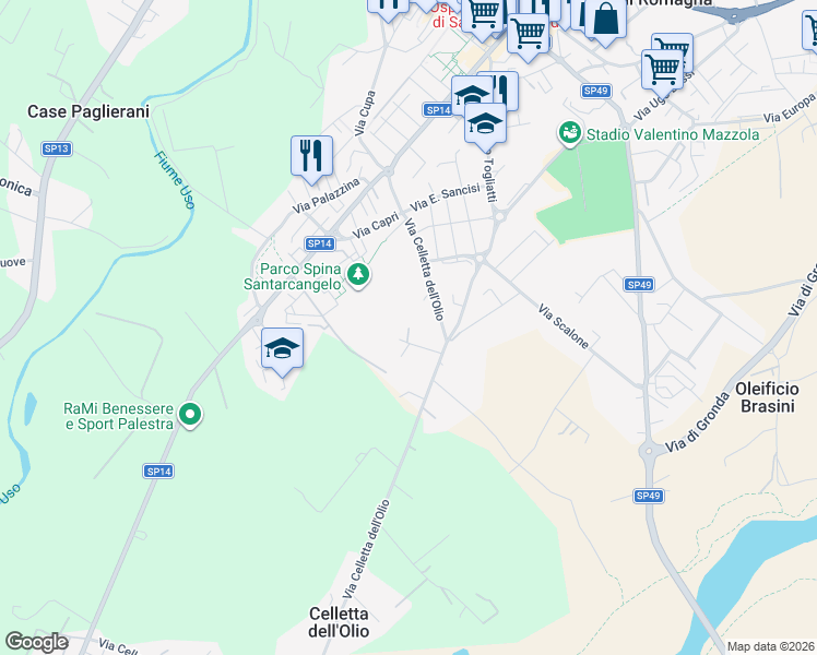 map of restaurants, bars, coffee shops, grocery stores, and more near 100 Via Casette Molari in Provincia di Rimini