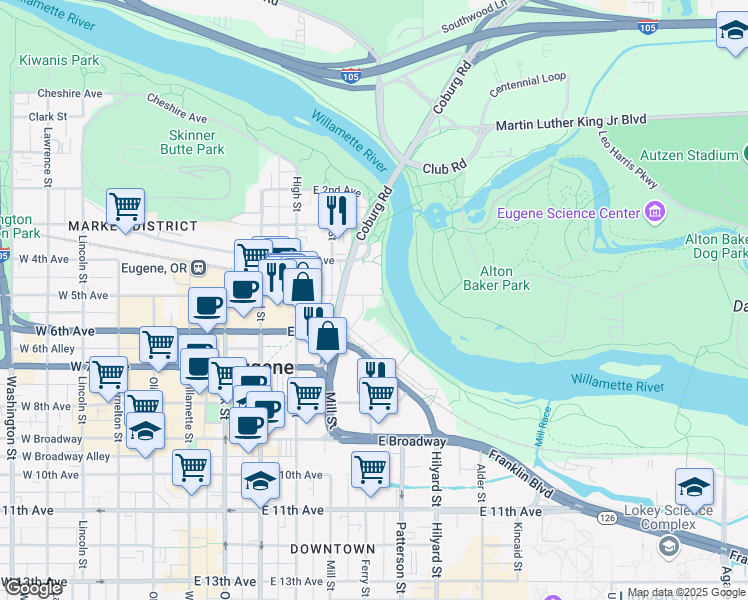 map of restaurants, bars, coffee shops, grocery stores, and more near Ruth Bascom Bike Path in Eugene