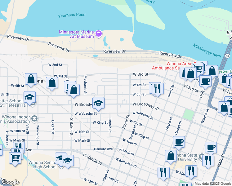 map of restaurants, bars, coffee shops, grocery stores, and more near 700 West 5th Street in Winona