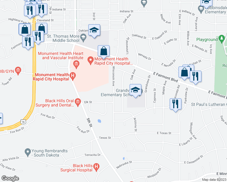 map of restaurants, bars, coffee shops, grocery stores, and more near 198 Colorado Street in Rapid City