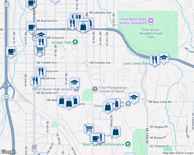 map of restaurants, bars, coffee shops, grocery stores, and more near 228 Northeast 10th Street in Bend