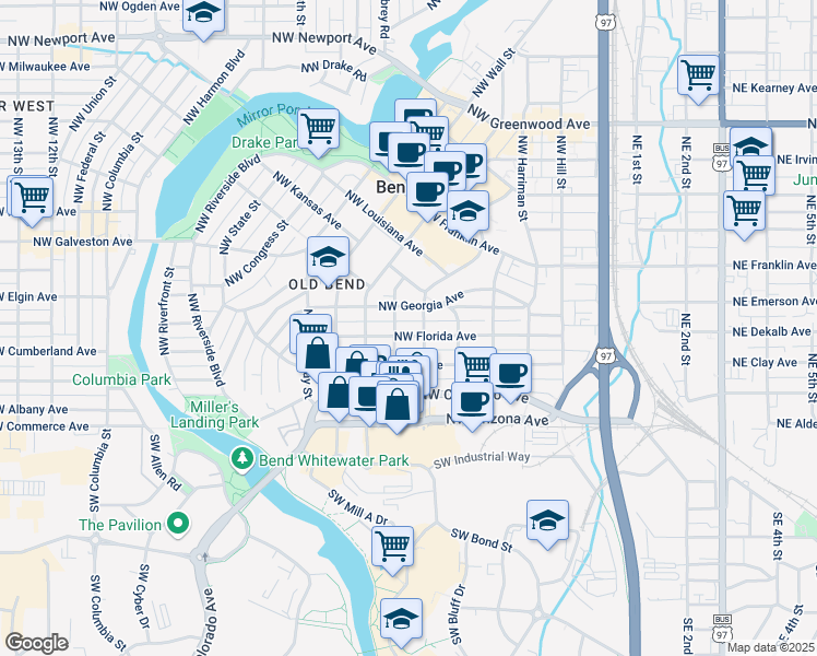 map of restaurants, bars, coffee shops, grocery stores, and more near 604 Northwest Delaware Avenue in Bend