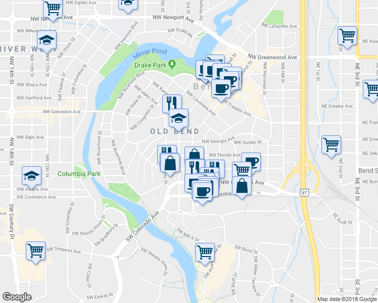 map of restaurants, bars, coffee shops, grocery stores, and more near 724 Northwest Delaware Avenue in Bend