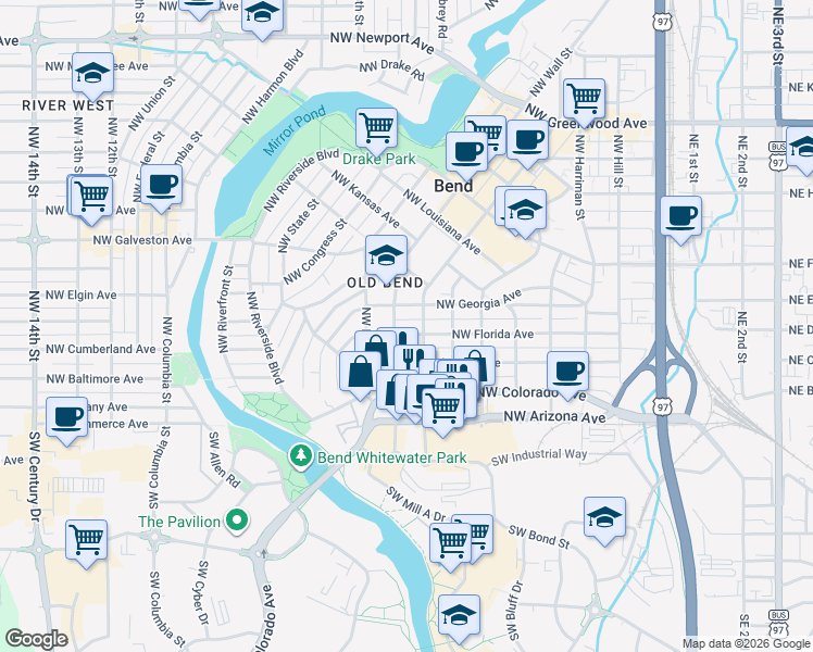 map of restaurants, bars, coffee shops, grocery stores, and more near 724 Northwest Delaware Avenue in Bend