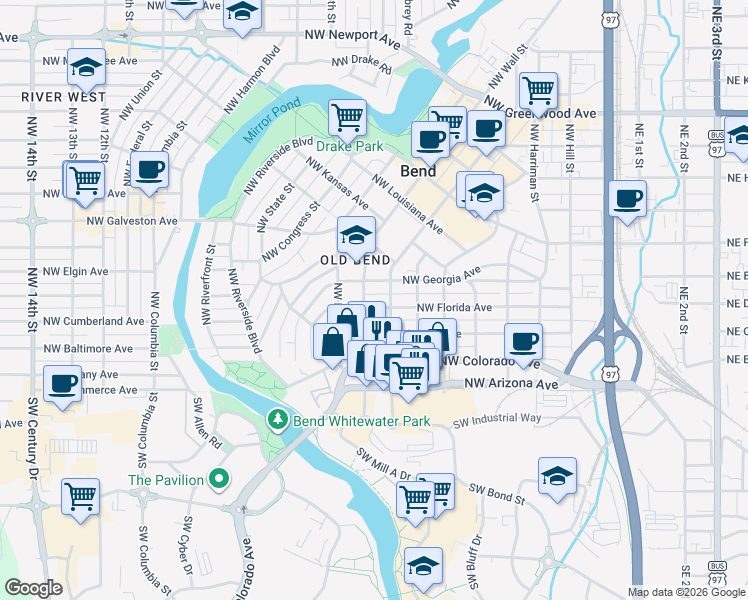 map of restaurants, bars, coffee shops, grocery stores, and more near 724 Northwest Delaware Avenue in Bend