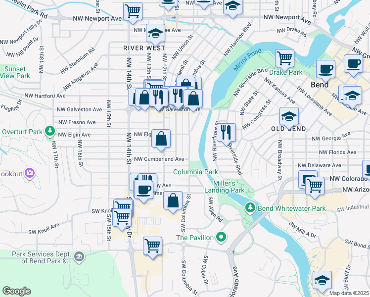 map of restaurants, bars, coffee shops, grocery stores, and more near 1043 Northwest Cumberland Avenue in Bend