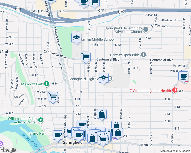map of restaurants, bars, coffee shops, grocery stores, and more near 909 6th Street in Springfield