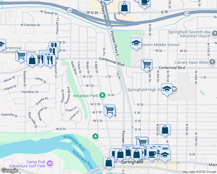 map of restaurants, bars, coffee shops, grocery stores, and more near 150 H Street in Springfield