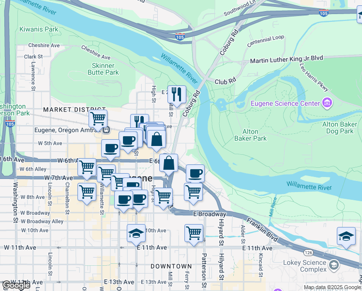 map of restaurants, bars, coffee shops, grocery stores, and more near Ruth Bascom Bike Path in Eugene