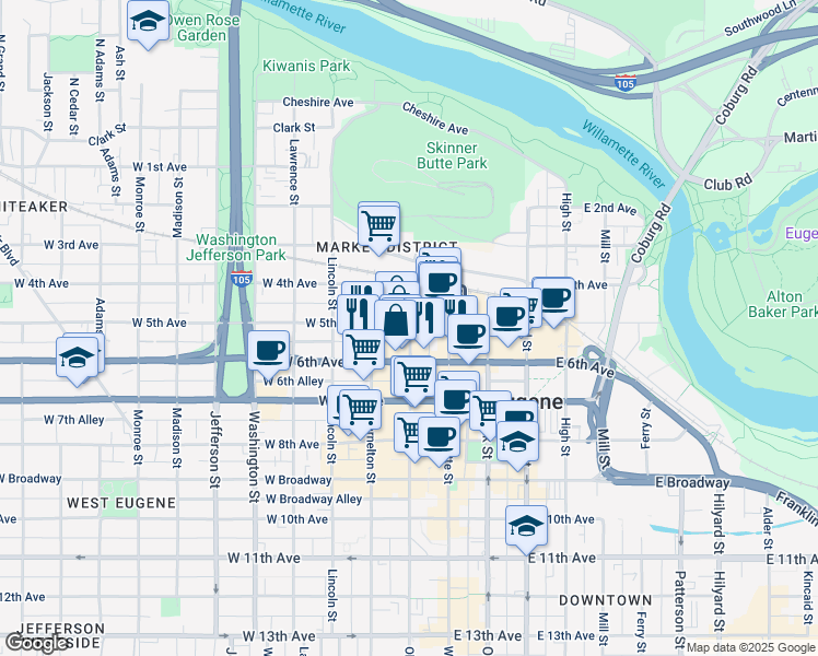 map of restaurants, bars, coffee shops, grocery stores, and more near 566 Olive Street in Eugene