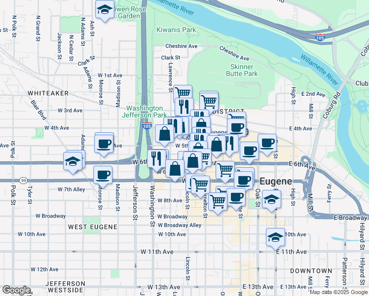 map of restaurants, bars, coffee shops, grocery stores, and more near 345 West 6th Avenue in Eugene