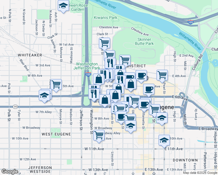 map of restaurants, bars, coffee shops, grocery stores, and more near 345 West 6th Avenue in Eugene