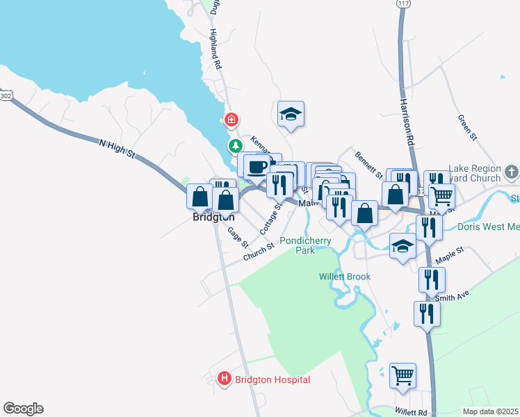 map of restaurants, bars, coffee shops, grocery stores, and more near 16 Fowler Street in Bridgton