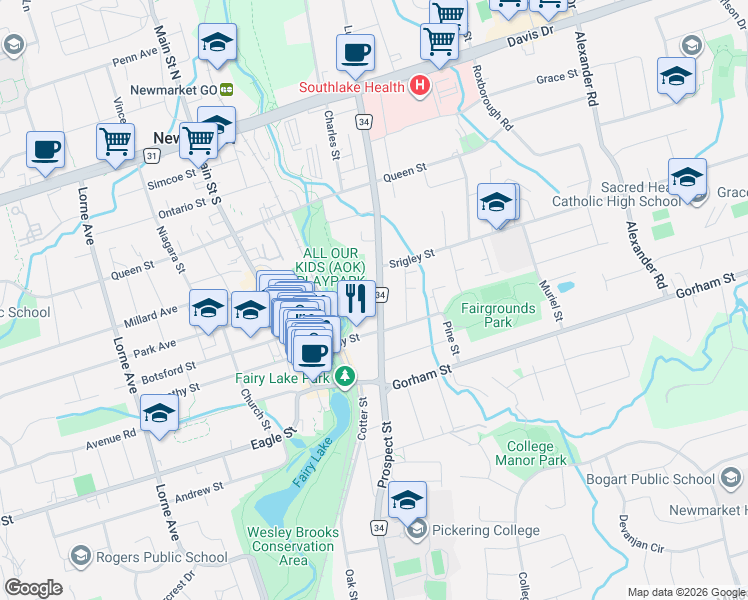 map of restaurants, bars, coffee shops, grocery stores, and more near 184 Prospect Street in Newmarket