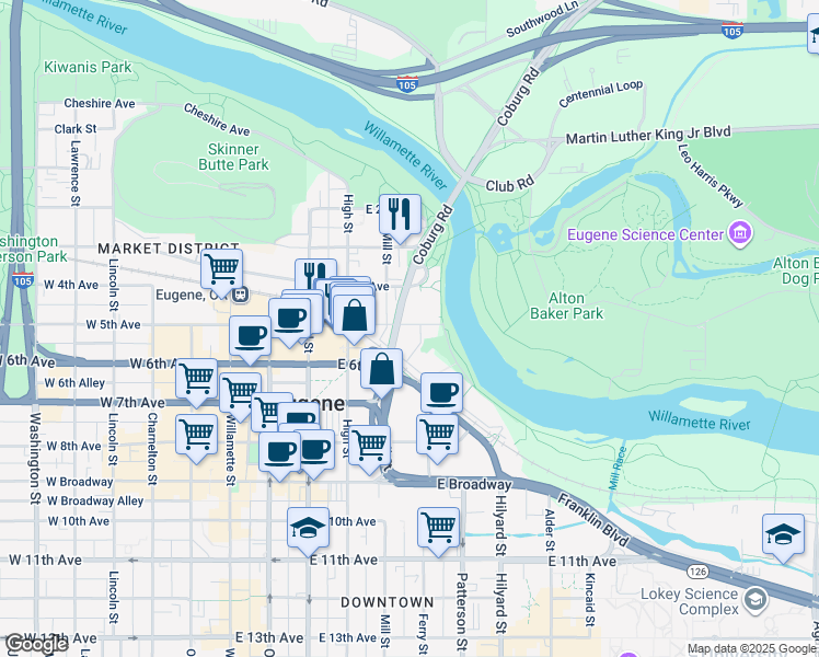 map of restaurants, bars, coffee shops, grocery stores, and more near 500 Ferry Street in Eugene