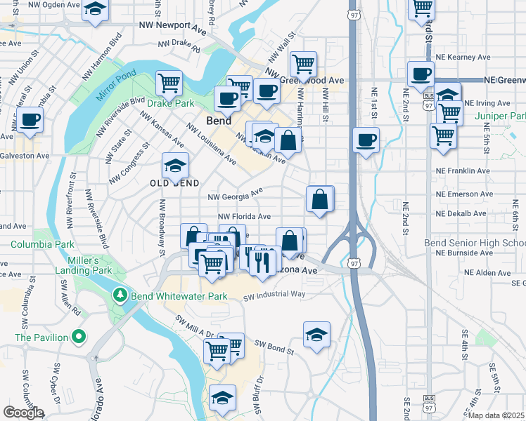 map of restaurants, bars, coffee shops, grocery stores, and more near 344 Northwest Delaware Avenue in Bend