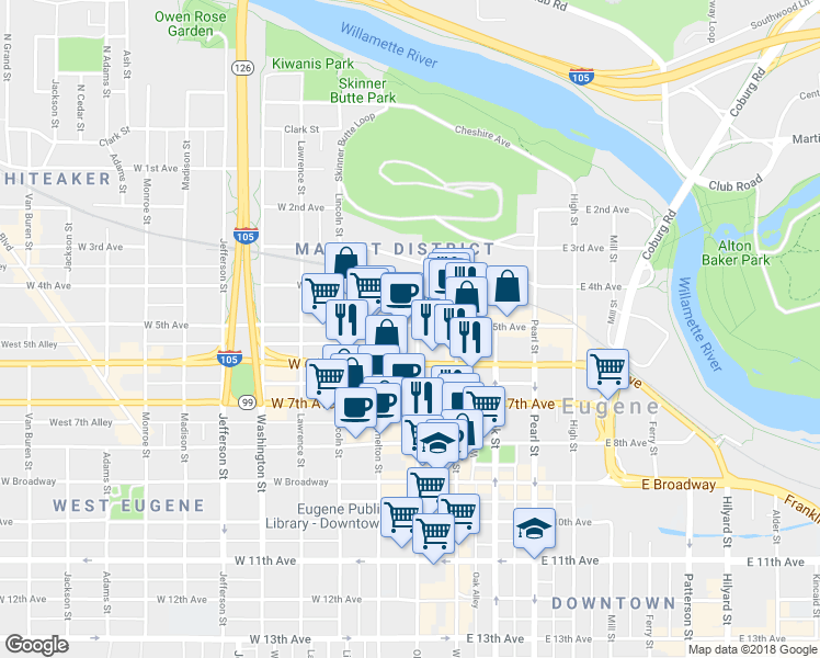 map of restaurants, bars, coffee shops, grocery stores, and more near 506 Olive Street in Eugene