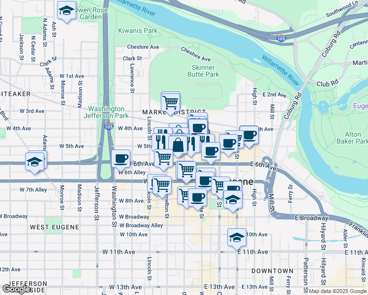map of restaurants, bars, coffee shops, grocery stores, and more near 506 Olive Street in Eugene
