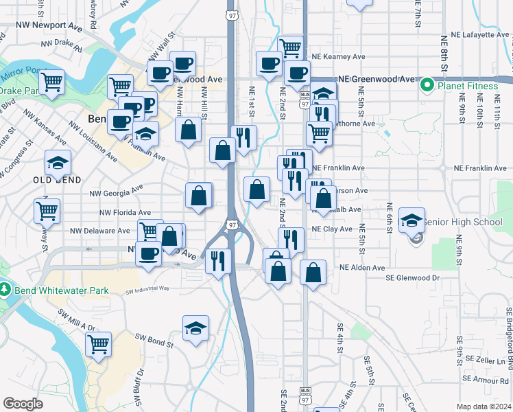 map of restaurants, bars, coffee shops, grocery stores, and more near 351 Northeast 2nd Street in Bend